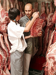 KiloTop presents: Teenage brunette gets dirty with the butcher his big meat