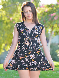 KiloTop presents: Svelte american dark-haired teen Kylie Quinn in shorts toys her twat outdoor