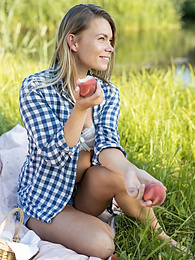 KiloTop presents: Skinny blonde Paulina gets naked on a blanket in a field of wheat